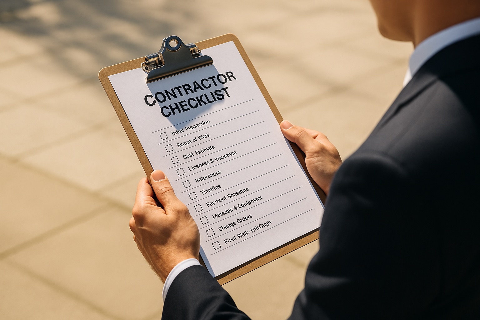 Person holding and reading contractor evaluation checklist document outdoors in natural light