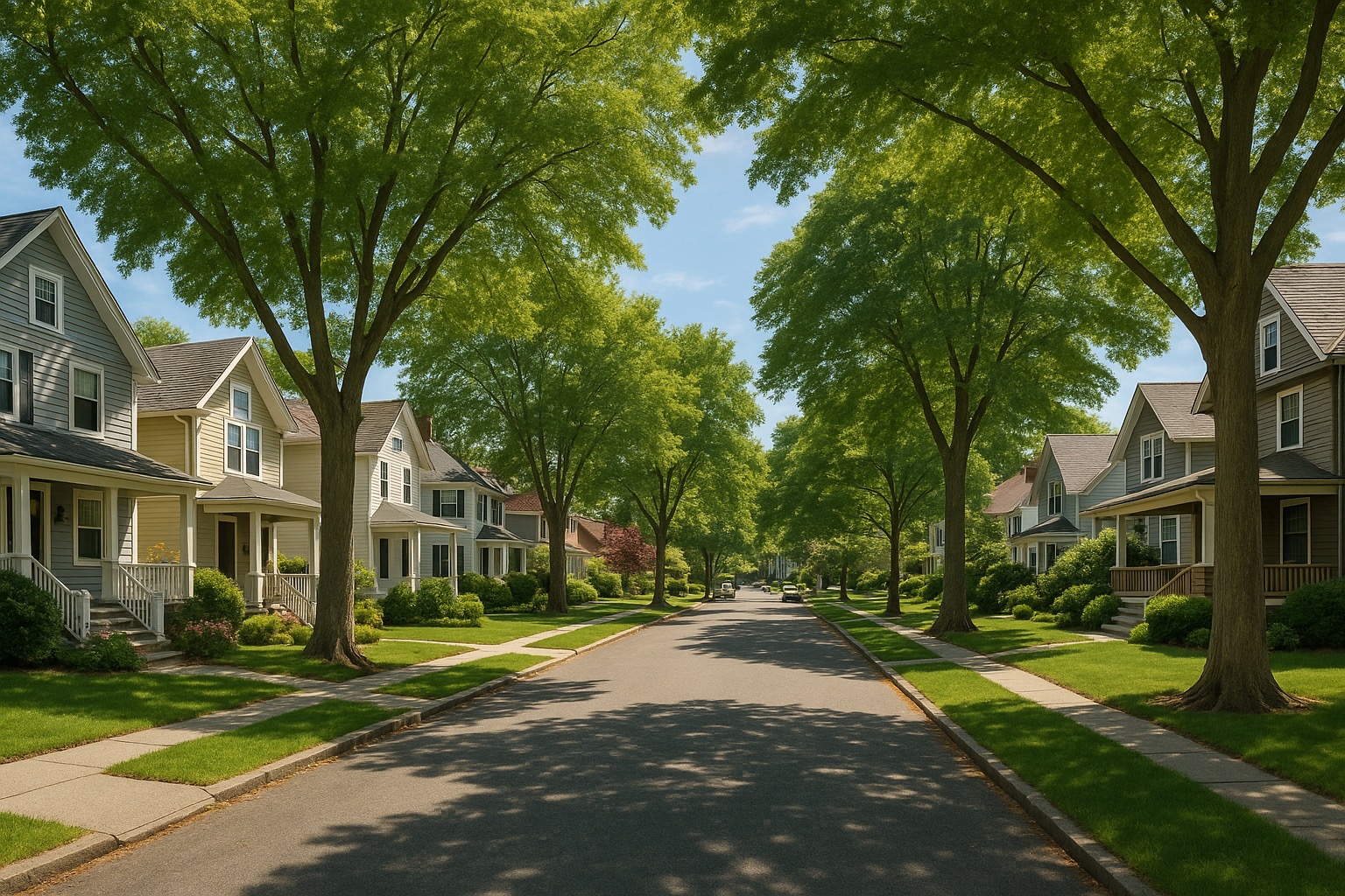 Well-maintained New England suburban neighbourhood with tree-lined streets and residential homes in afternoon light