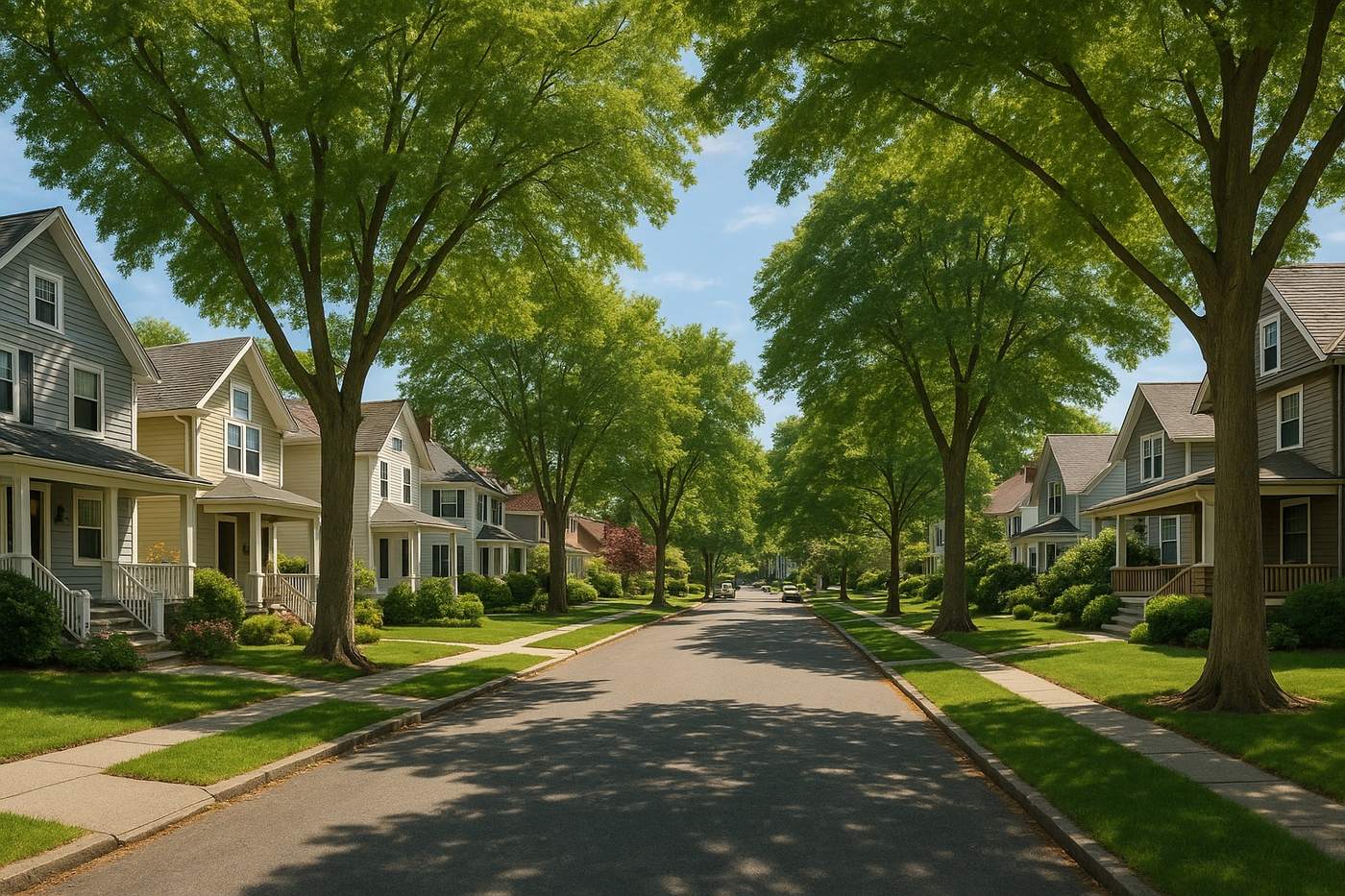 Well-maintained New England suburban neighbourhood with tree-lined streets and residential homes in afternoon light